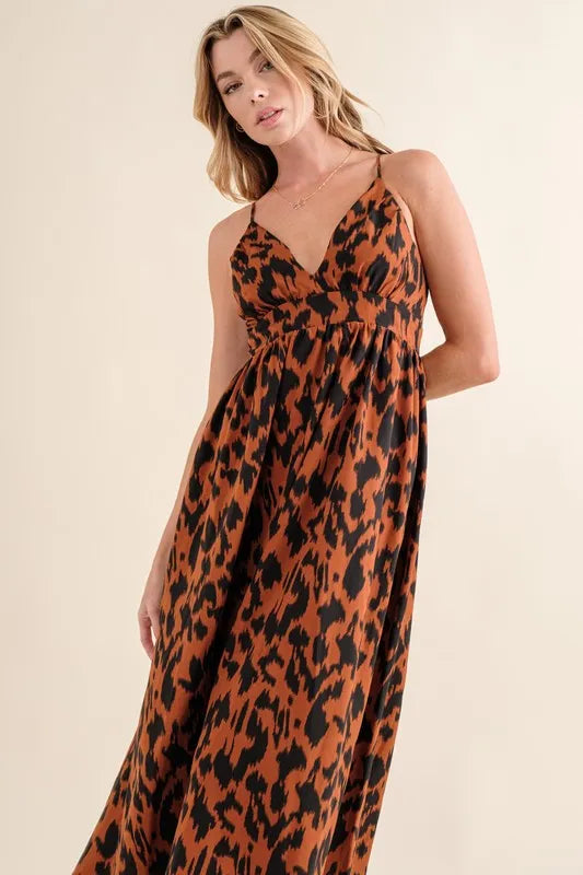 Leopard Print Plunge Maxi Dress