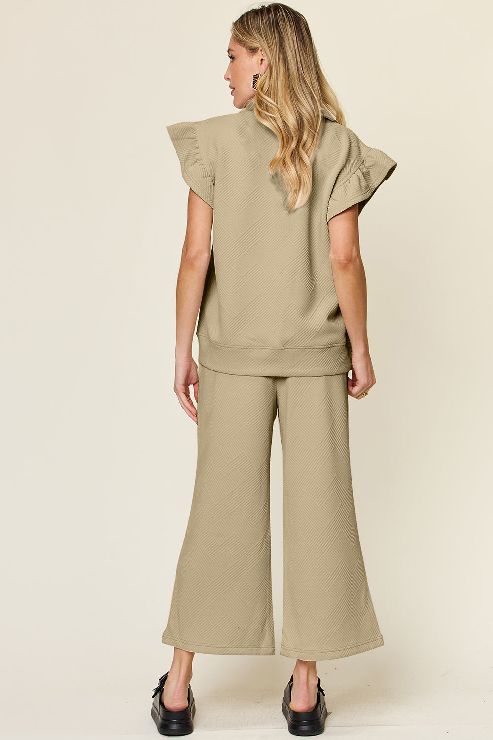 Short Sleeve Top and Drawstring Wide Leg Pants Set
