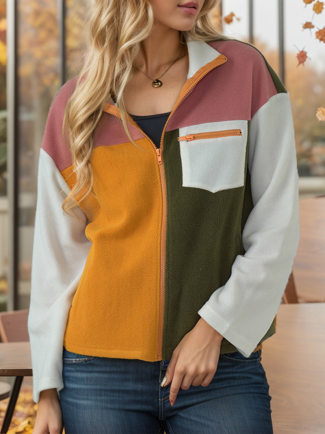 Shiny Color Block Zip-Up Long Sleeve Jacket