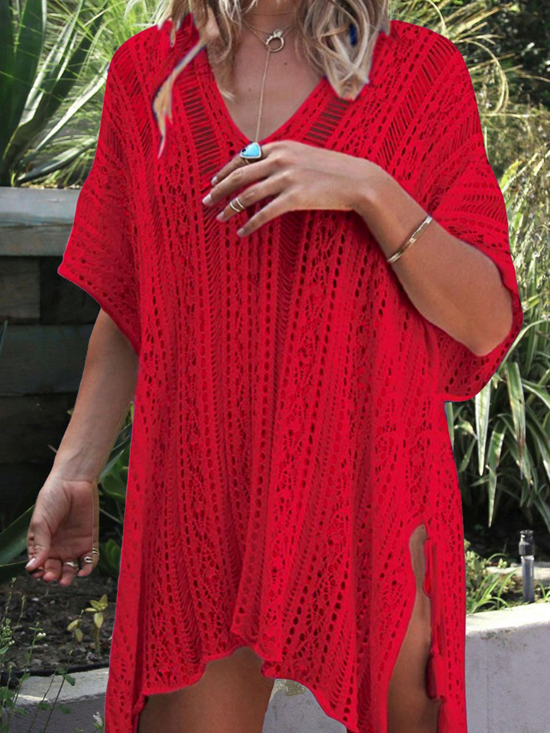 Angel Wings Cutout V-Neck Cover-Up with Tassel