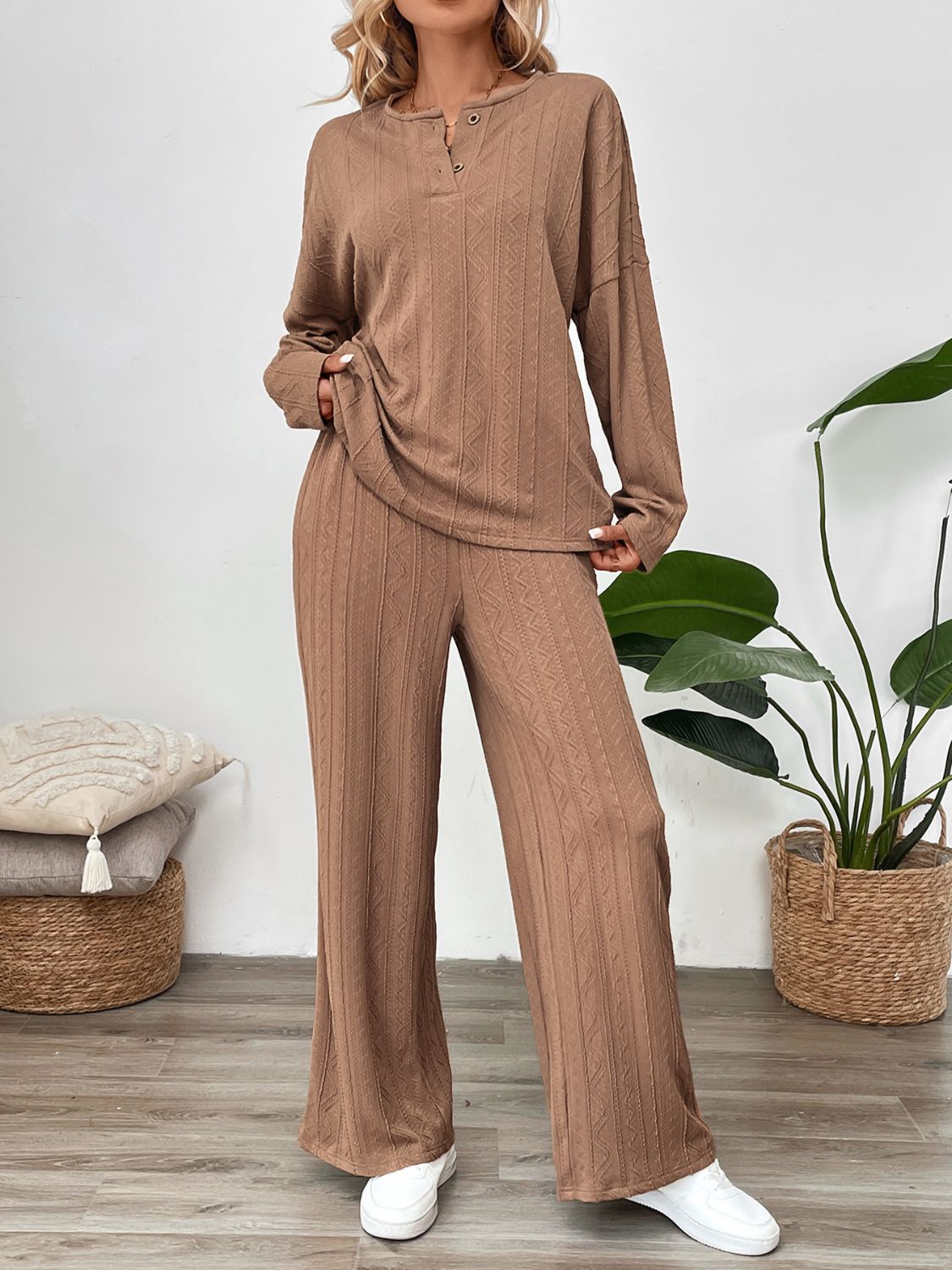 Perfee Quarter Button Long Sleeve Top and Pants Set