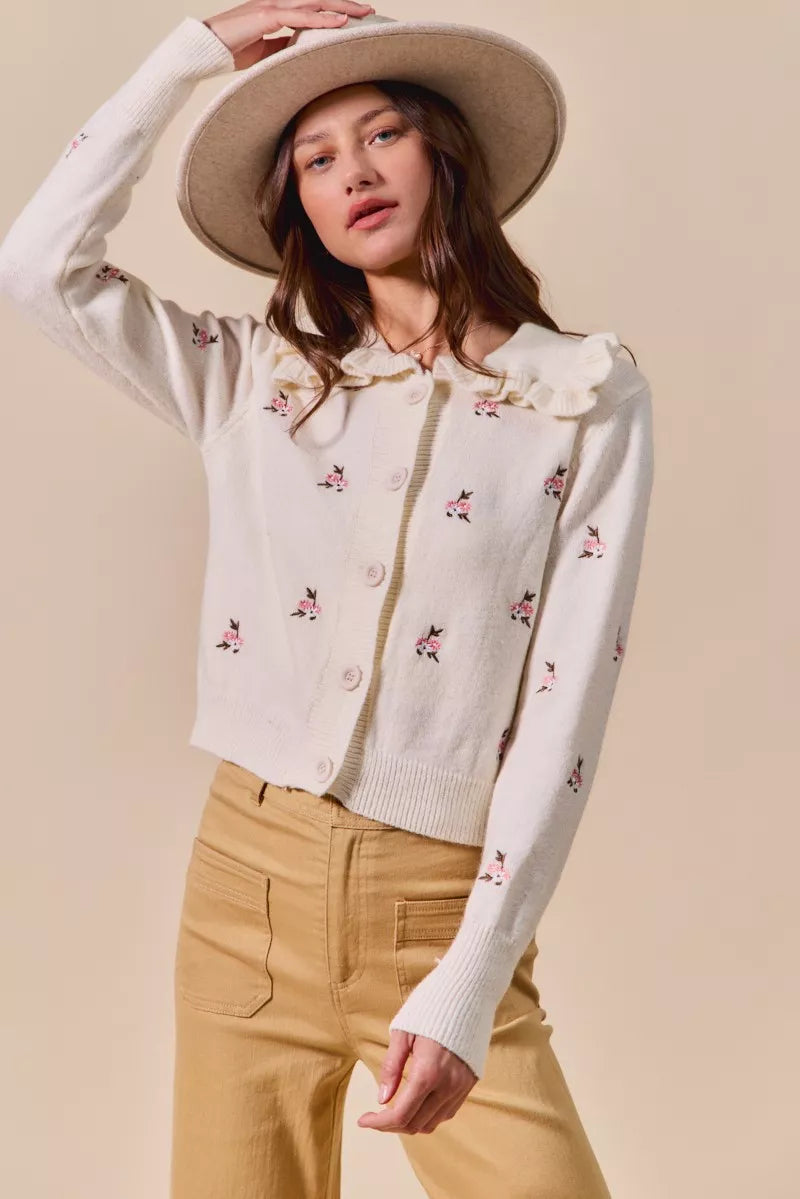 Collared Floral Embroidered Button Down Sweater Cardigan