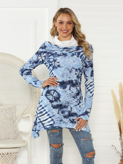 Shiny Printed Raglan Sleeve Mock Neck T-Shirt