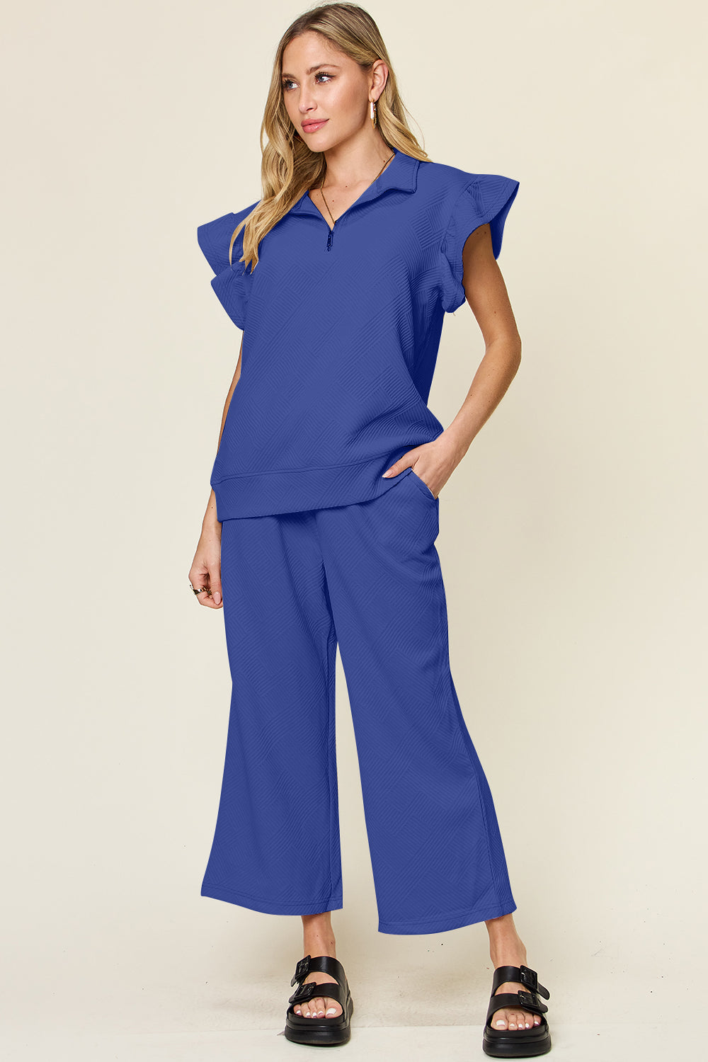 Short Sleeve Top and Drawstring Wide Leg Pants Set