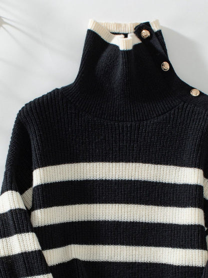 Buttoned Striped Long Sleeve Sweater