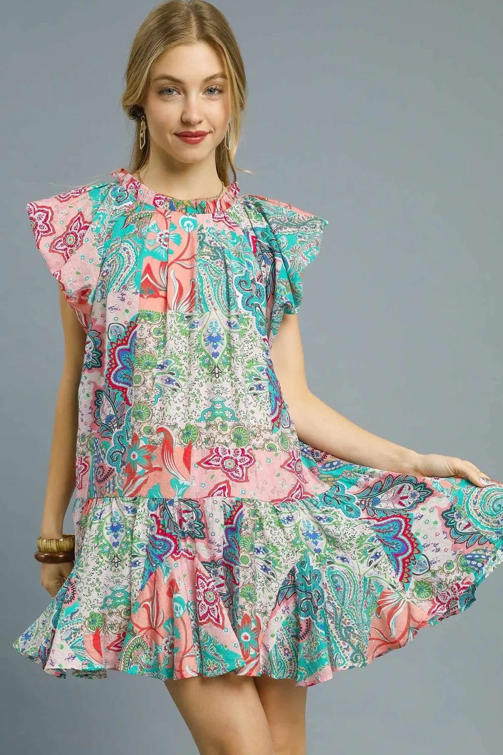Printed Ruffle Cap Sleeve Mini Dress