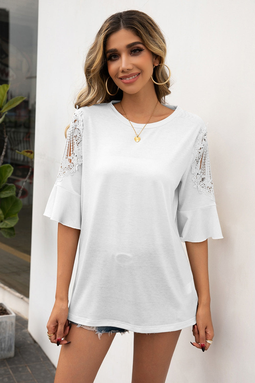 Ivy Lane Ruffled Cutout Round Neck Half Sleeve T-Shirt