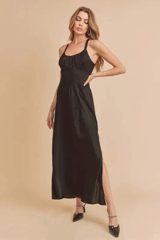 Ruched Side Slit Cut-out Back Maxi Cami Dress