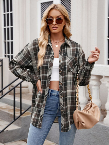 Mandy Pocketed Plaid Collared Neck Long Sleeve Shirt