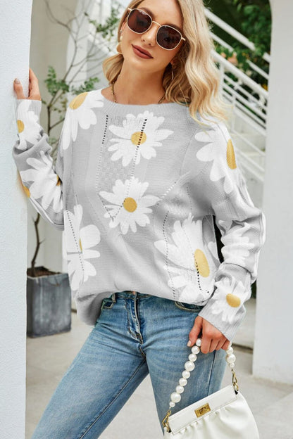 Angel Wings Daisy Print Openwork Round Neck Sweater