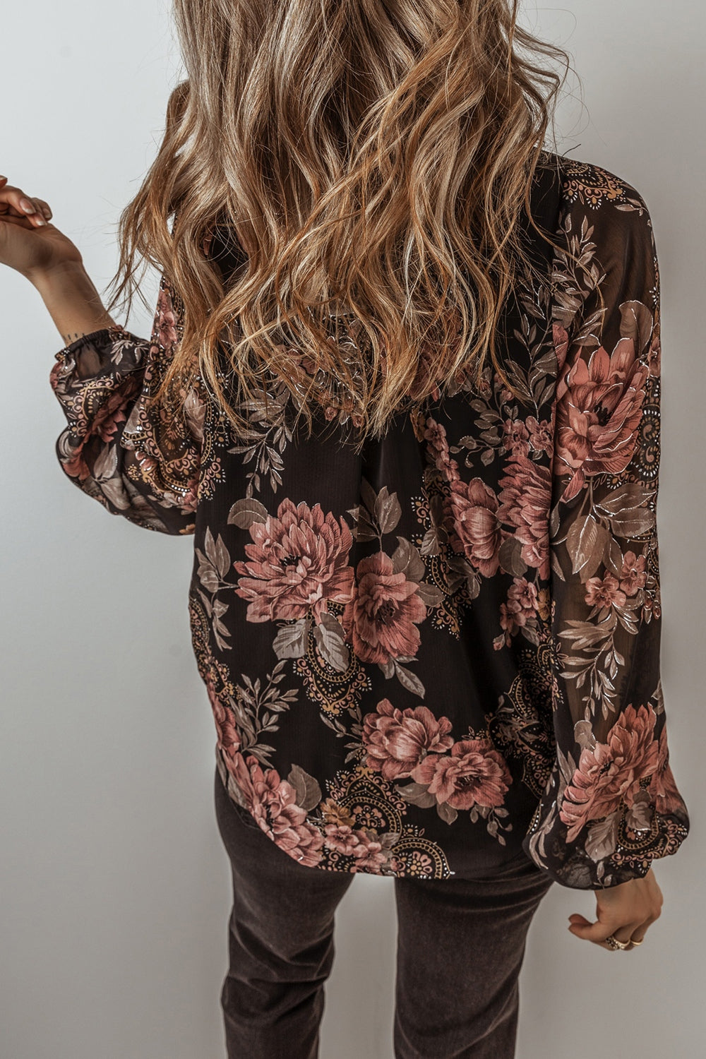 Printed Surplice Long Sleeve Blouse