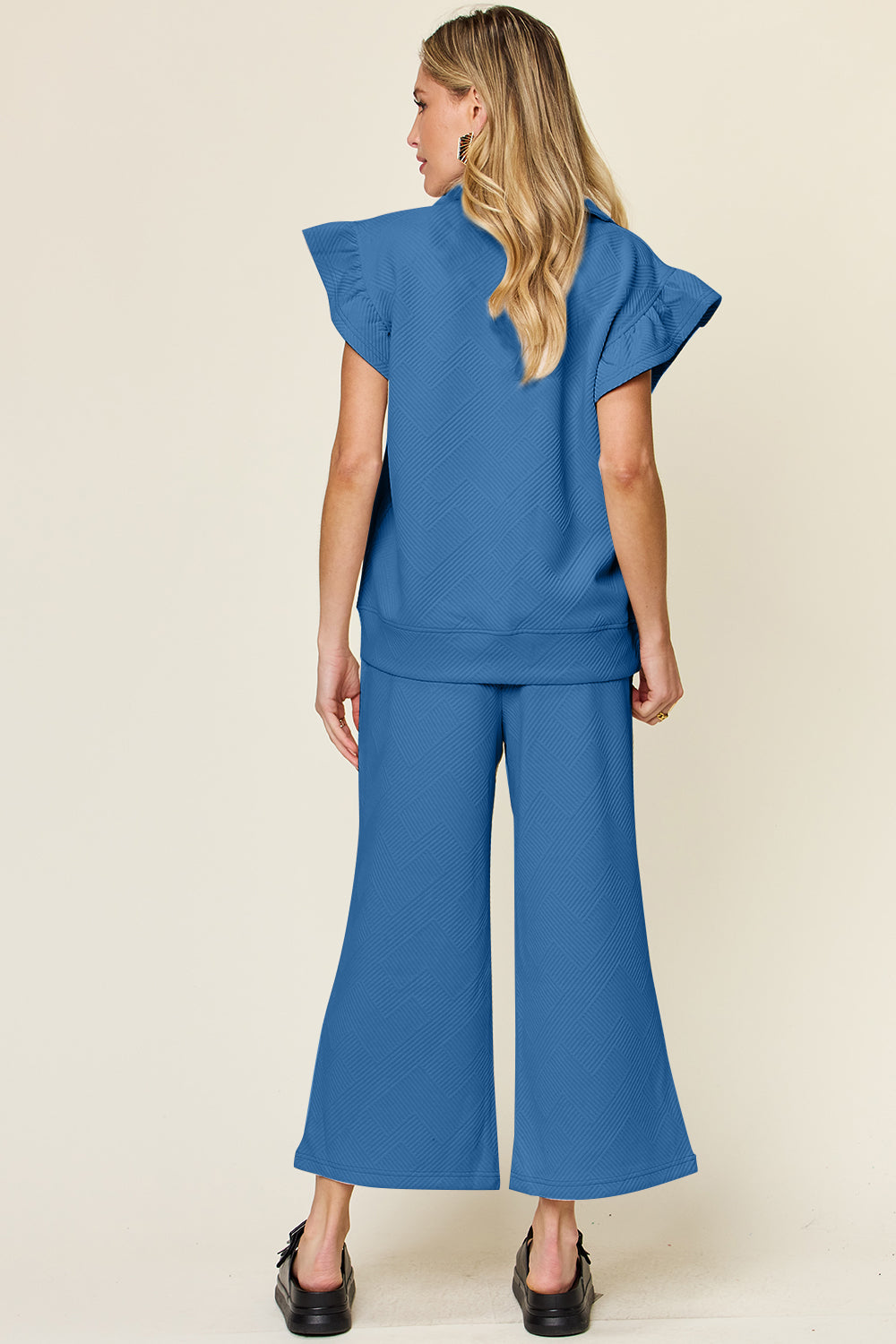 Short Sleeve Top and Drawstring Wide Leg Pants Set