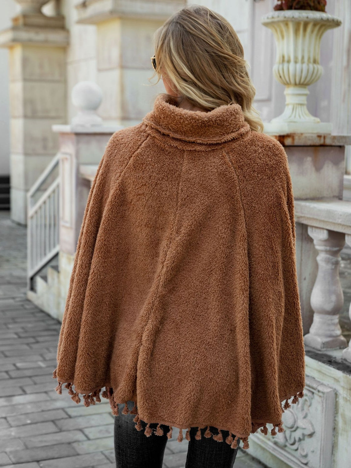 Full Size Turtleneck Tassel Hem Poncho