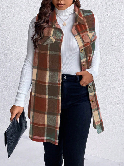 Honey Plus Size Pocketed Plaid Button Up Vest Coat