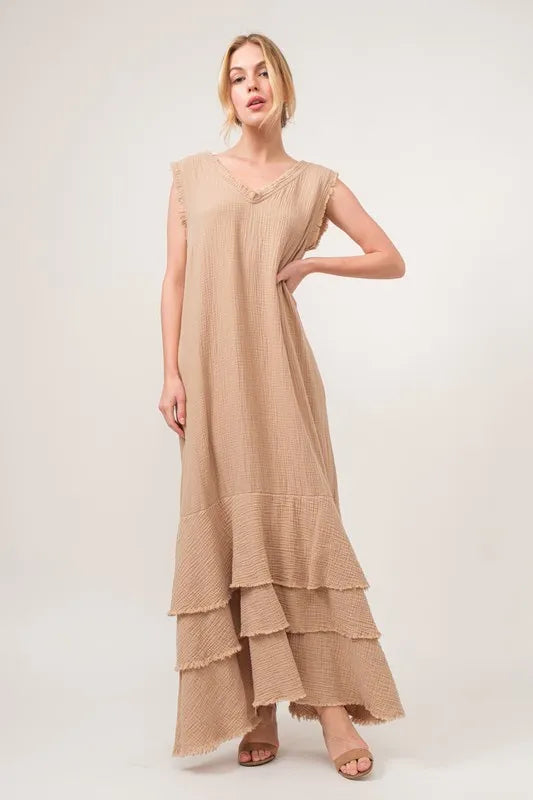 Washed Cotton Gauze Fringe Detail Tiered Dress