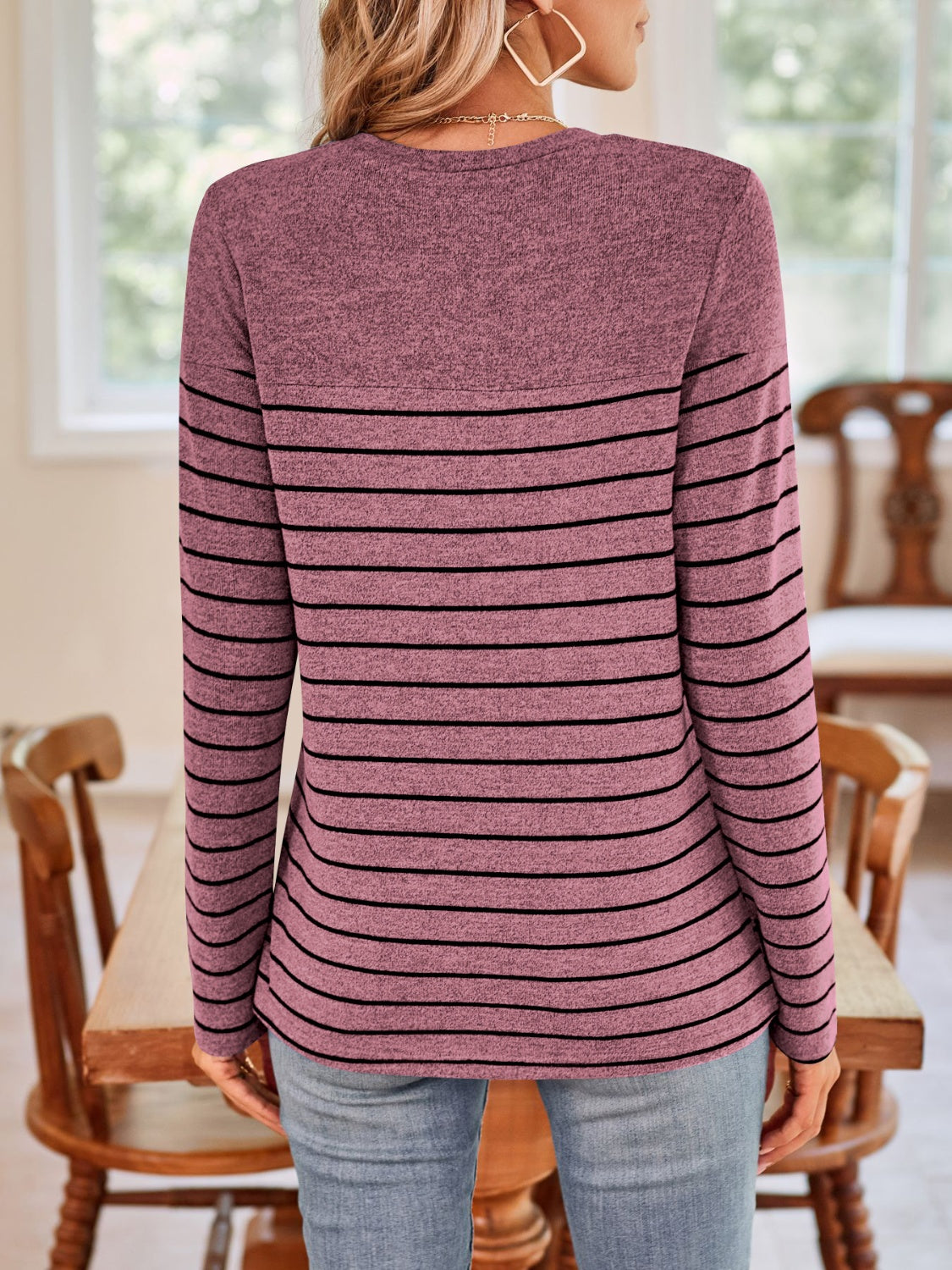 Lovelet Quarter Button Striped Round Neck Long Sleeve T-Shirt