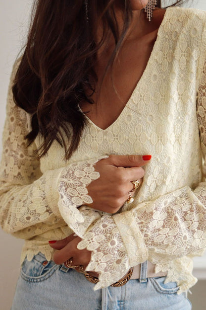 Lace Detail V-Neck Long Sleeve Blouse