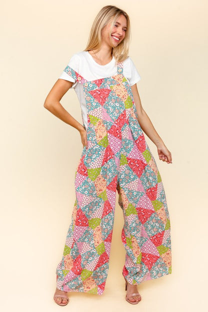 Haptics Full Size Printed Wide Leg Overalls with Side Pockets