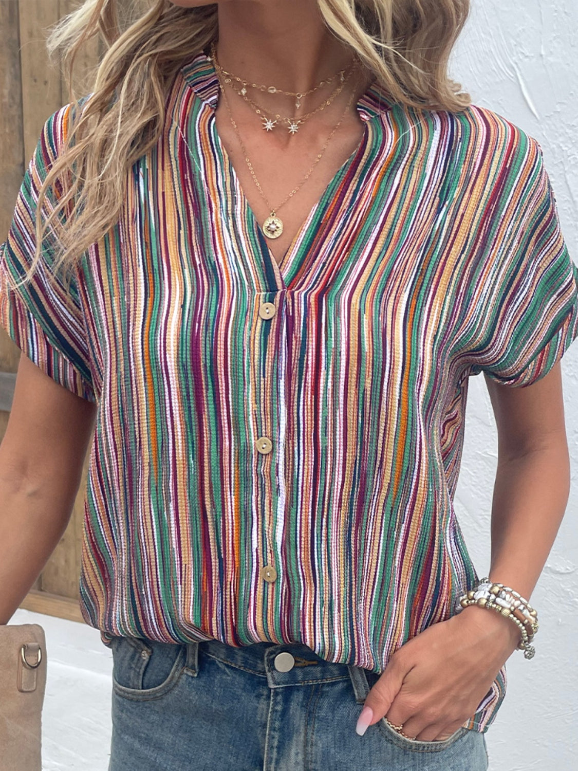 Shiny Striped Notched Short Sleeve Blouse