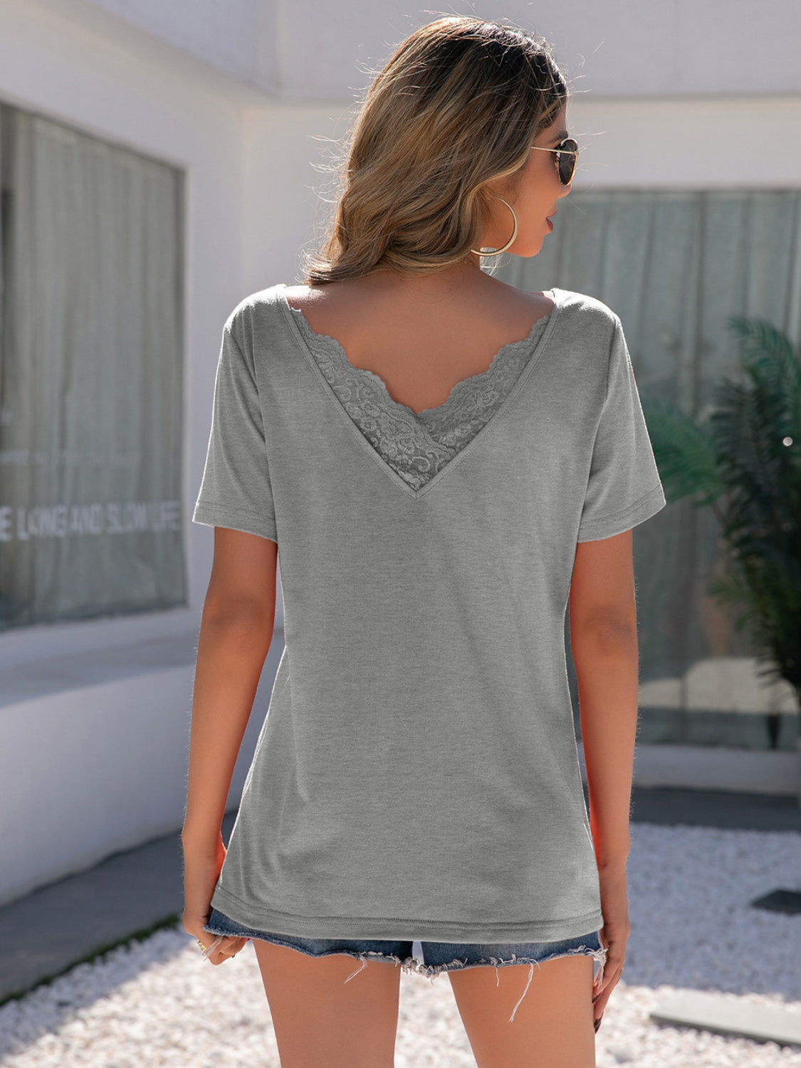 Ivy Lane Lace Detail V-Neck Short Sleeve T-Shirt