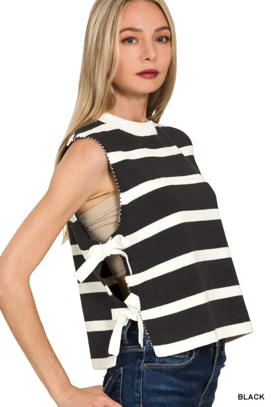 Side Tie Stripe Sweater Vest
