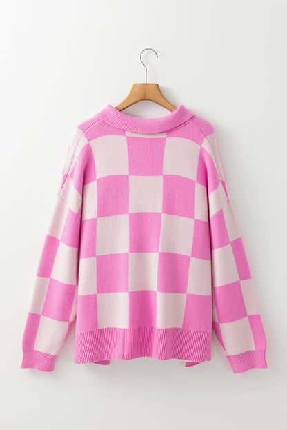 Slit Checkered Half Button Long Sleeve Sweater