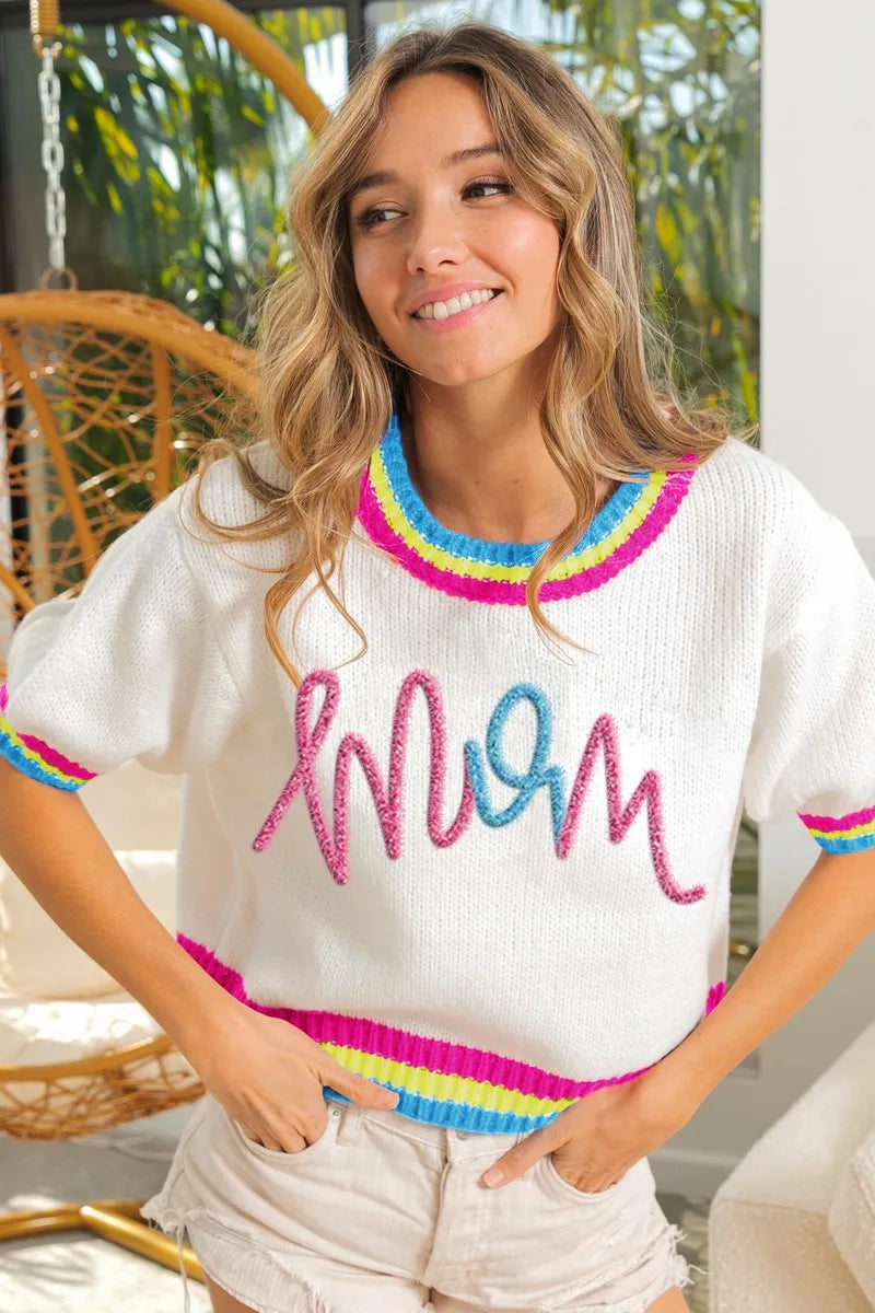Metallic Letter Short Puff Sleeve Sweater