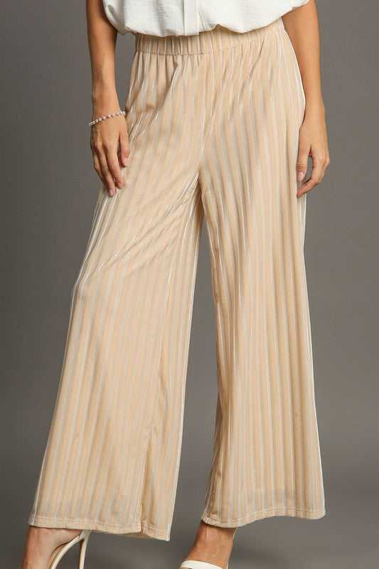 Umgee Elastic Waist Striped Wide Leg Velvet Pants