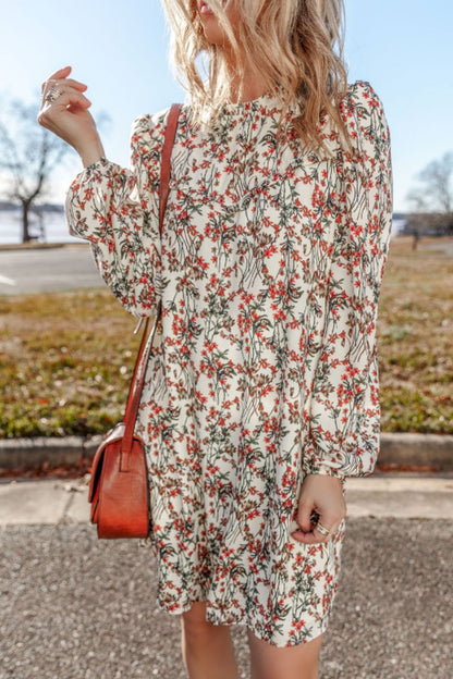 Floral Round Neck Long Sleeve Dress