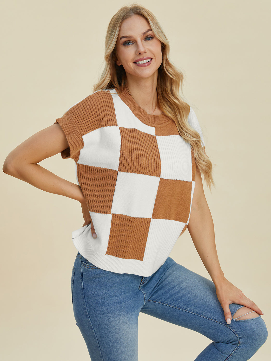 Full Size Chickened Round Neck Short Sleeve Sweater