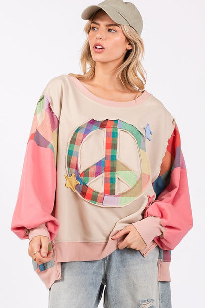 SAGE + FIG Full Size Contrast Peace Patch Dropped Shoulder Sweatshirt