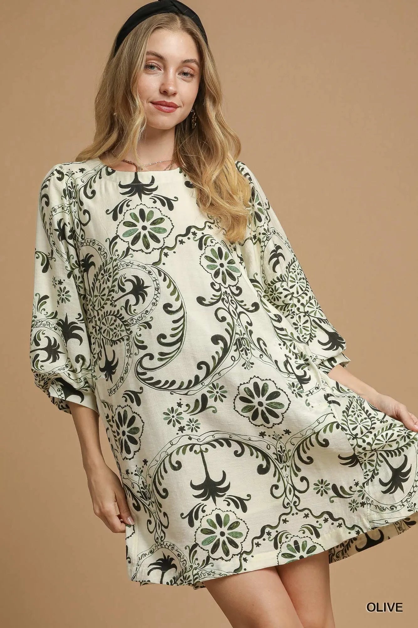 Boho Printed Balloon Sleeve Mini Dress