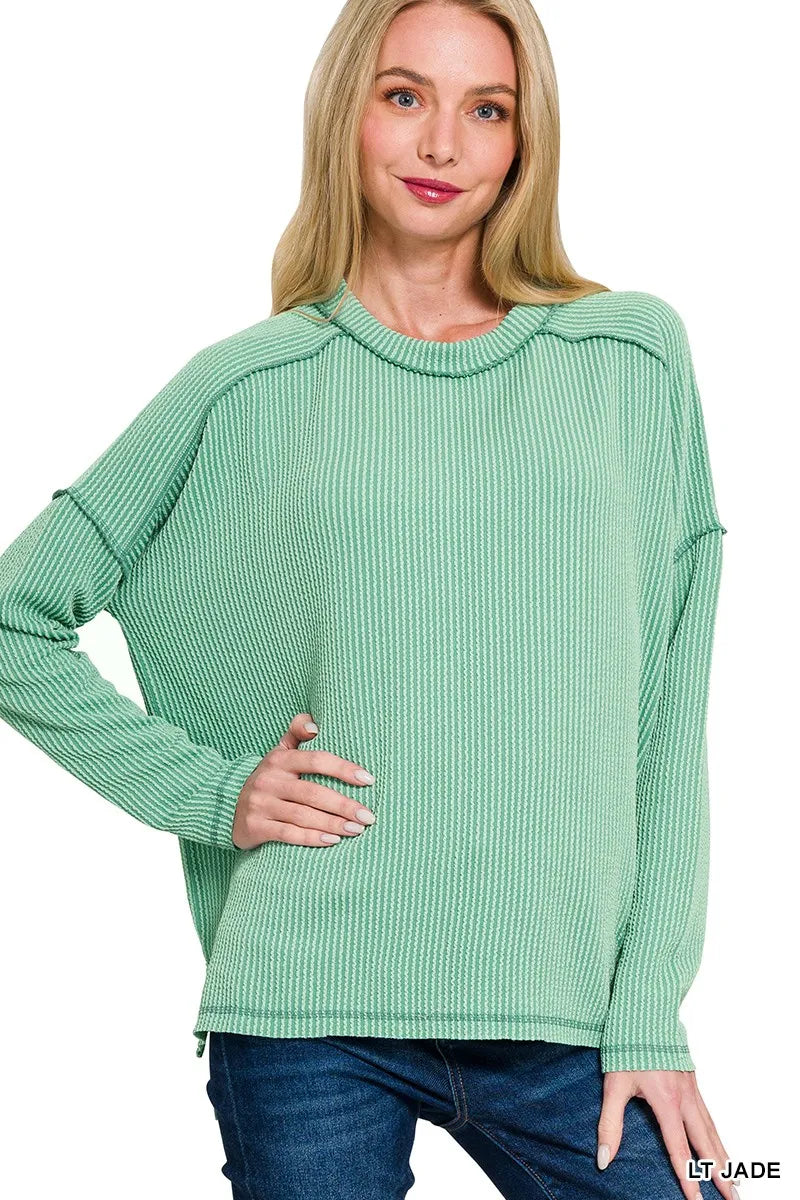 Exposed Seam Long Sleeve Corded Rib Knit Top