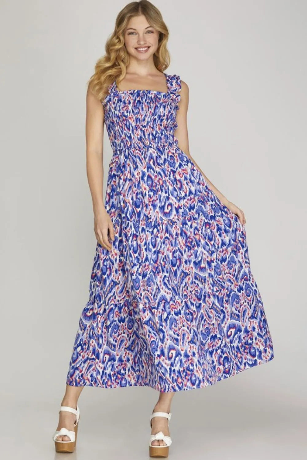 Smocked Printed Wide Strap Tiered Dress Plus Size