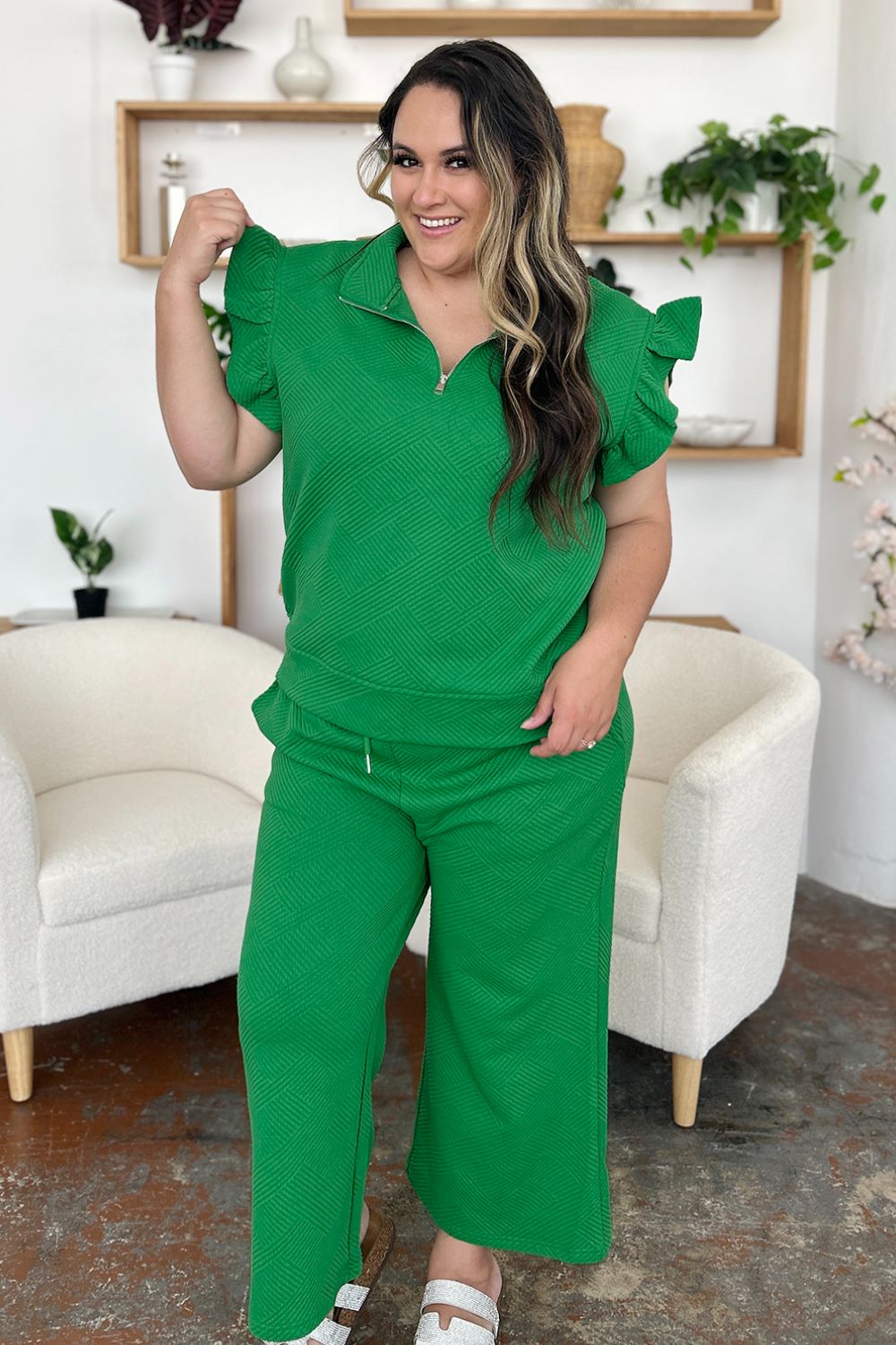 Short Sleeve Top and Drawstring Wide Leg Pants Set