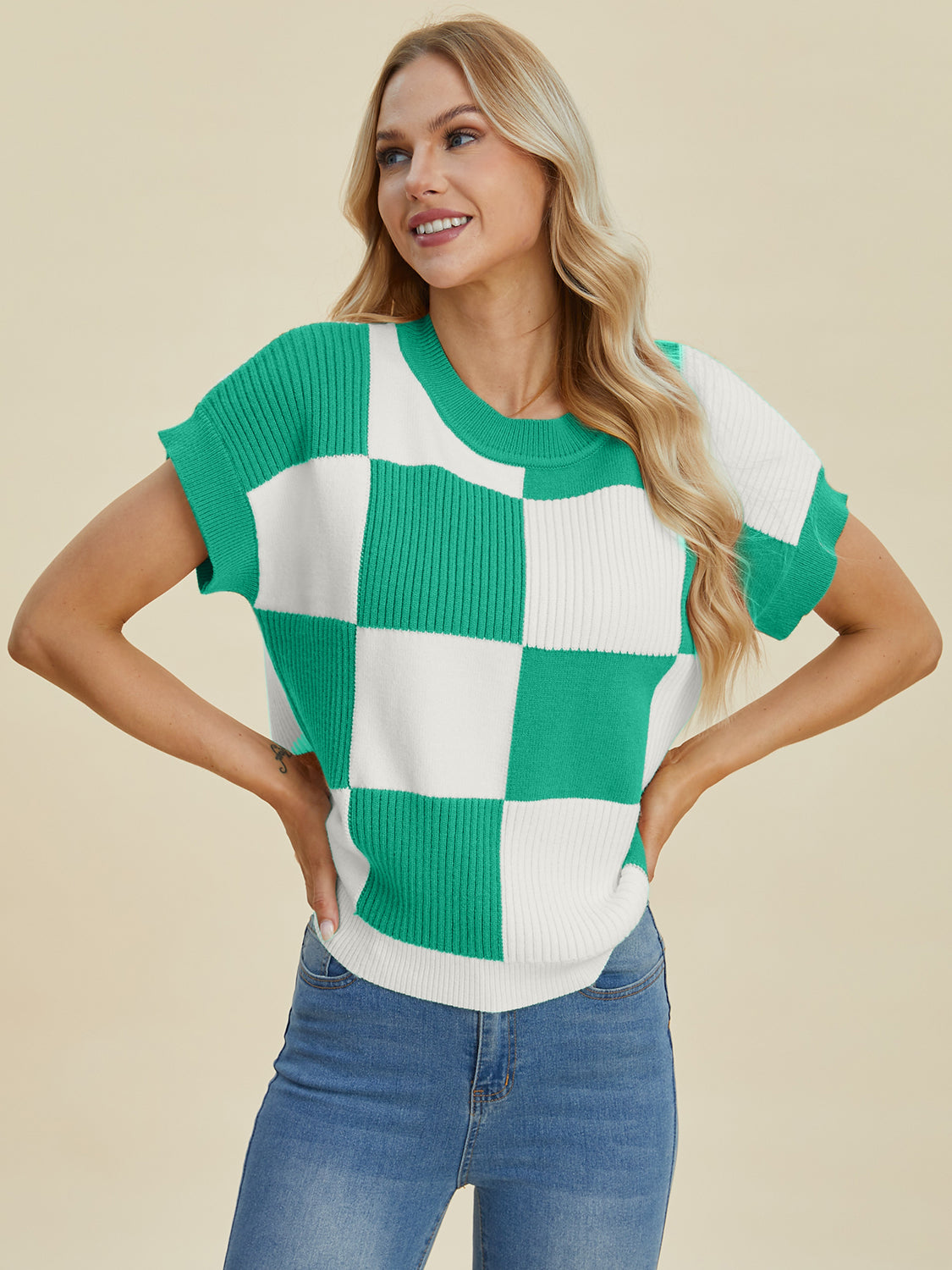 Full Size Chickened Round Neck Short Sleeve Sweater