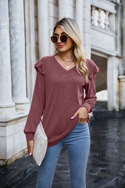 Mandy Ruffled Heathered V-Neck Long Sleeve T-Shirt