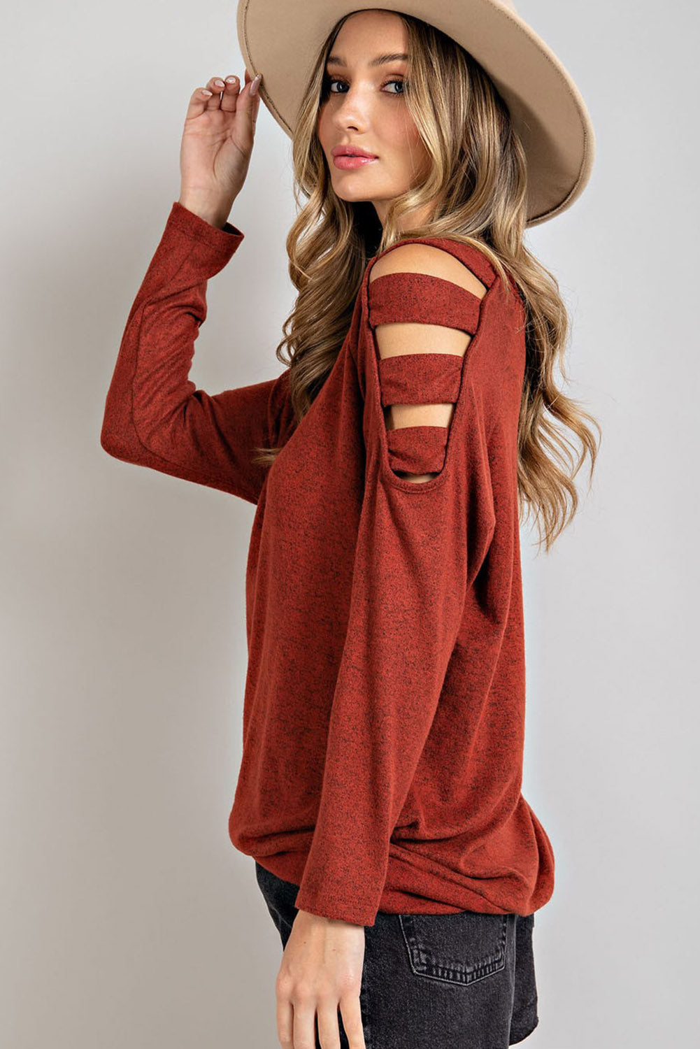 Cutout Round Neck Long Sleeve Top