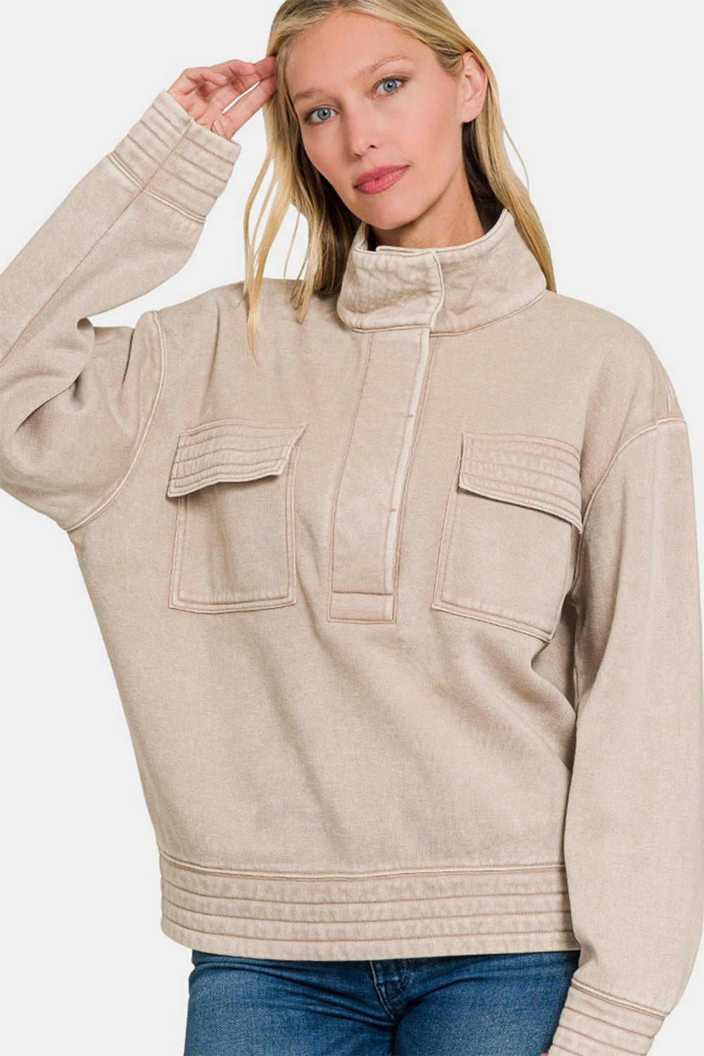 Zenana Acid Washed Half Snap Fleece Sweatshirt Ash Mocha / L