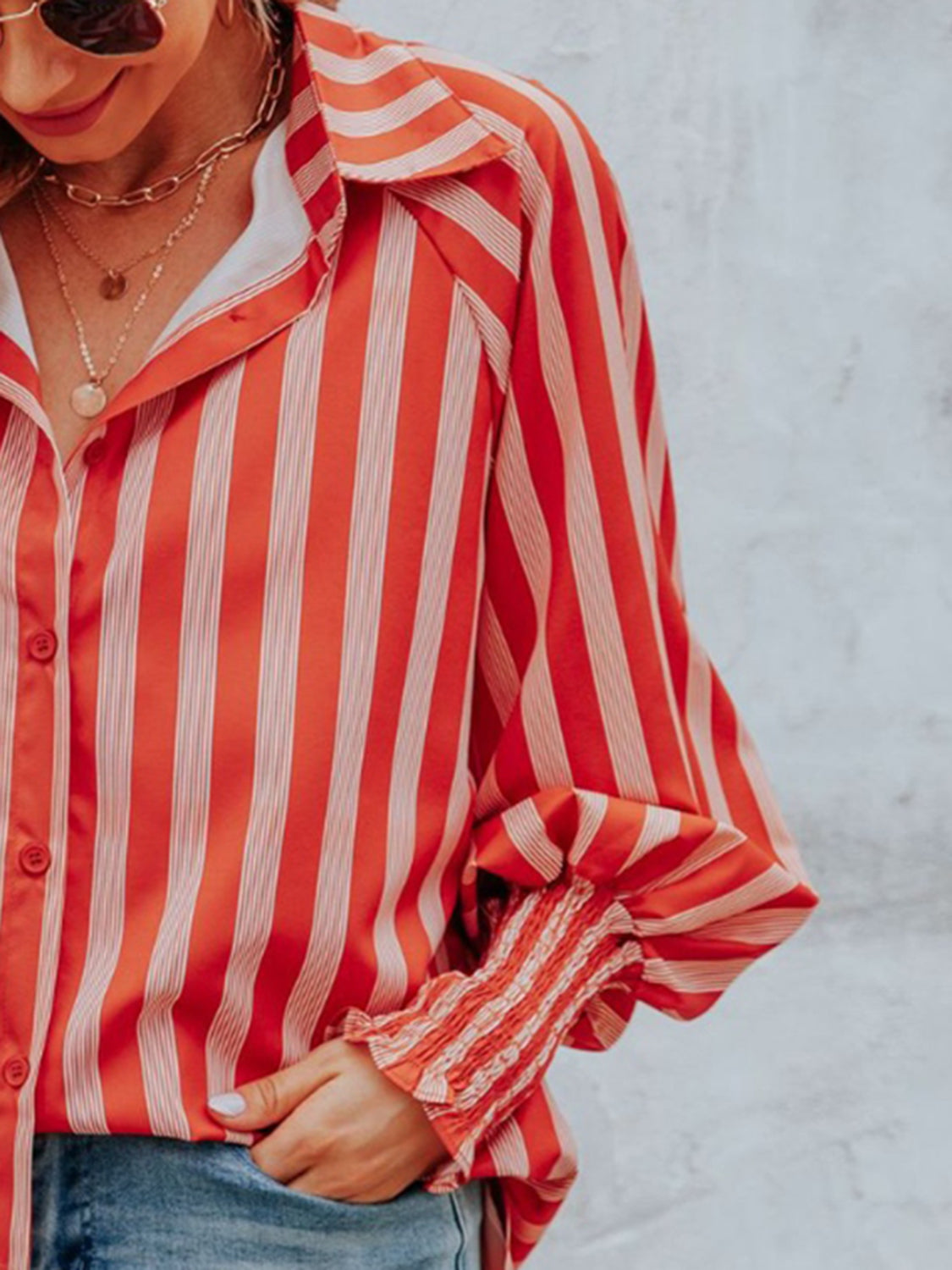 Lovelet Striped Collared Neck Lantern Sleeve Shirt