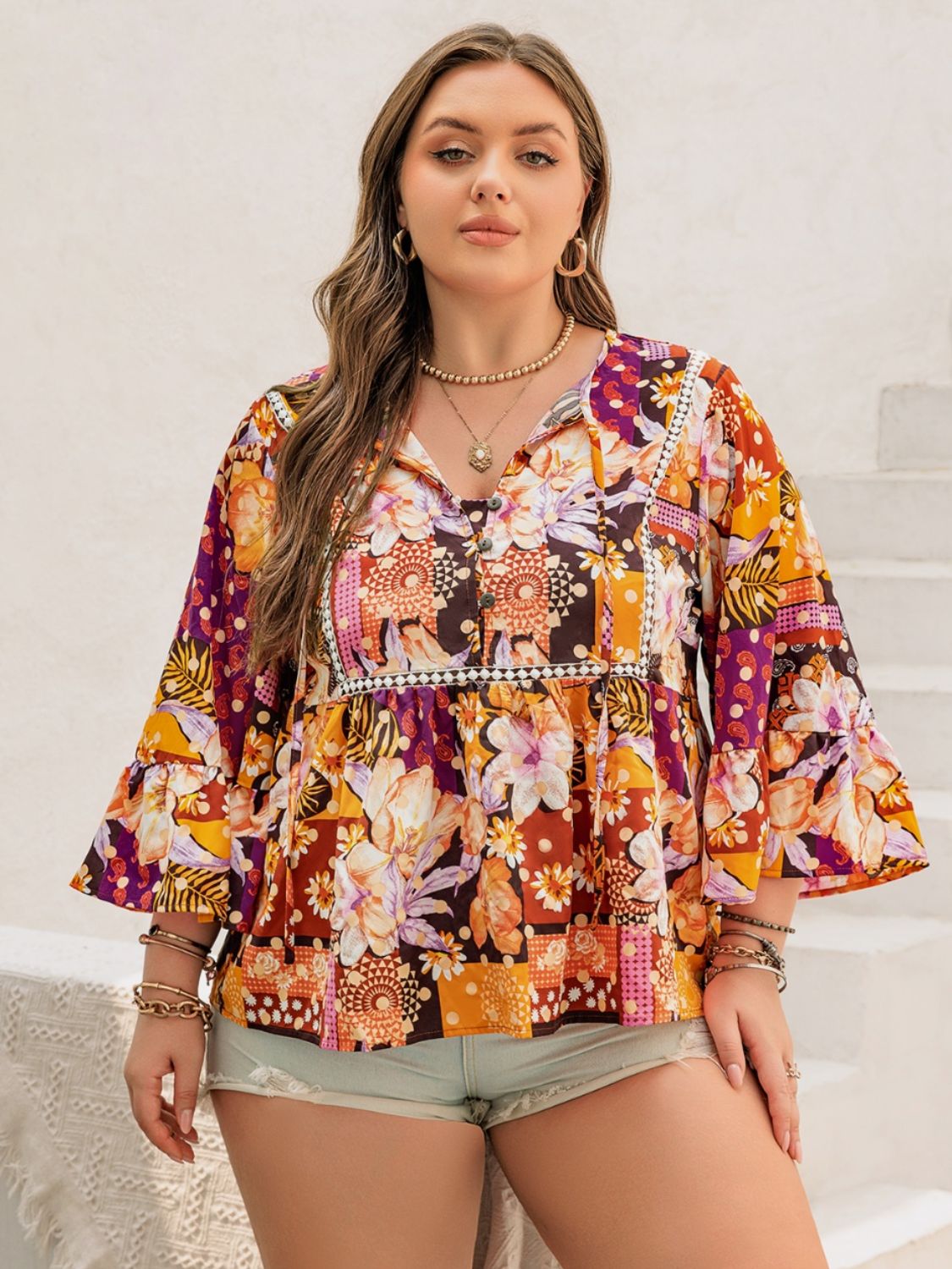 Plus Size Printed Tie Neck Blouse