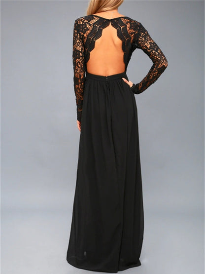 Lace Detail Backless Long Sleeve Maxi Dress