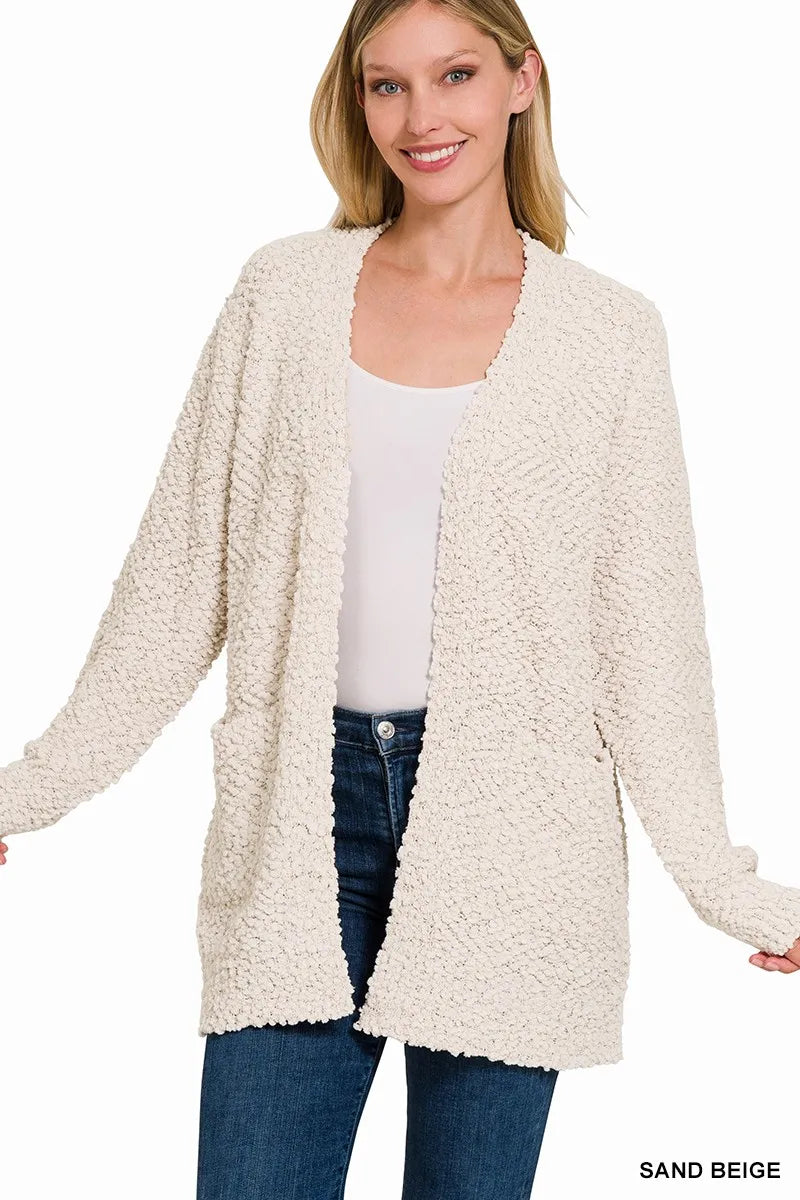 Long Sleeve Popcorn Sweater Cardigan with Pockets