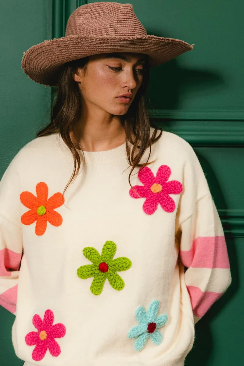 Colourful Floral Patched Sweater with Striped Sleeve