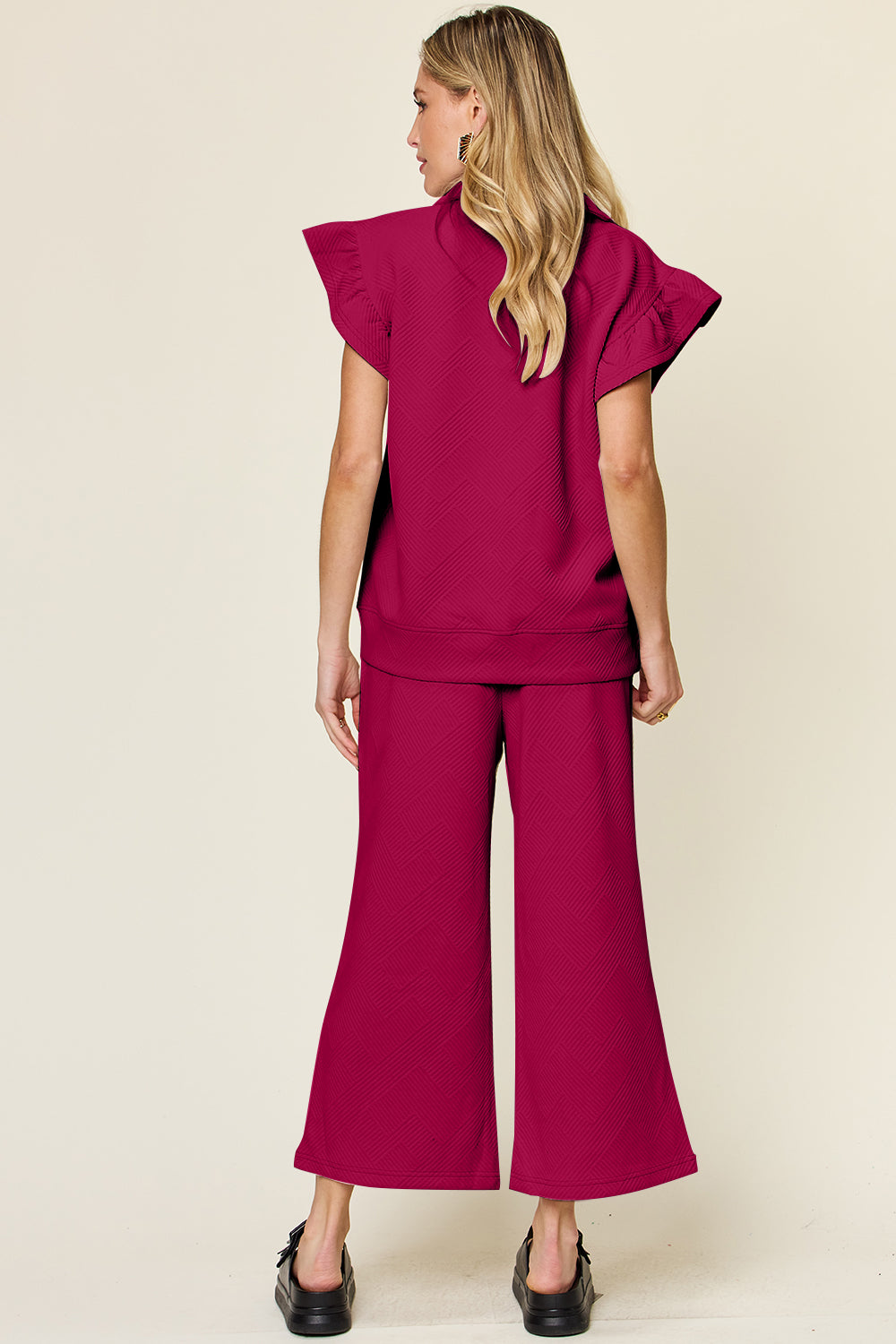 Short Sleeve Top and Drawstring Wide Leg Pants Set