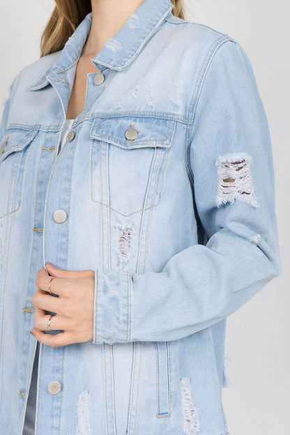 American Bazi Letter Patched Distressed Denim Jacket