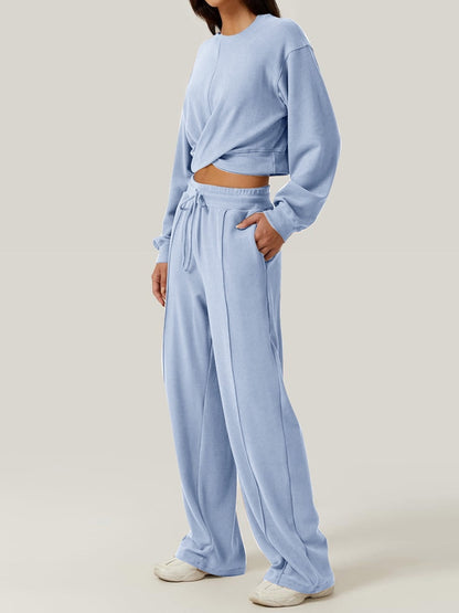 Crisscross Round Neck Top and Drawstring Pants Set