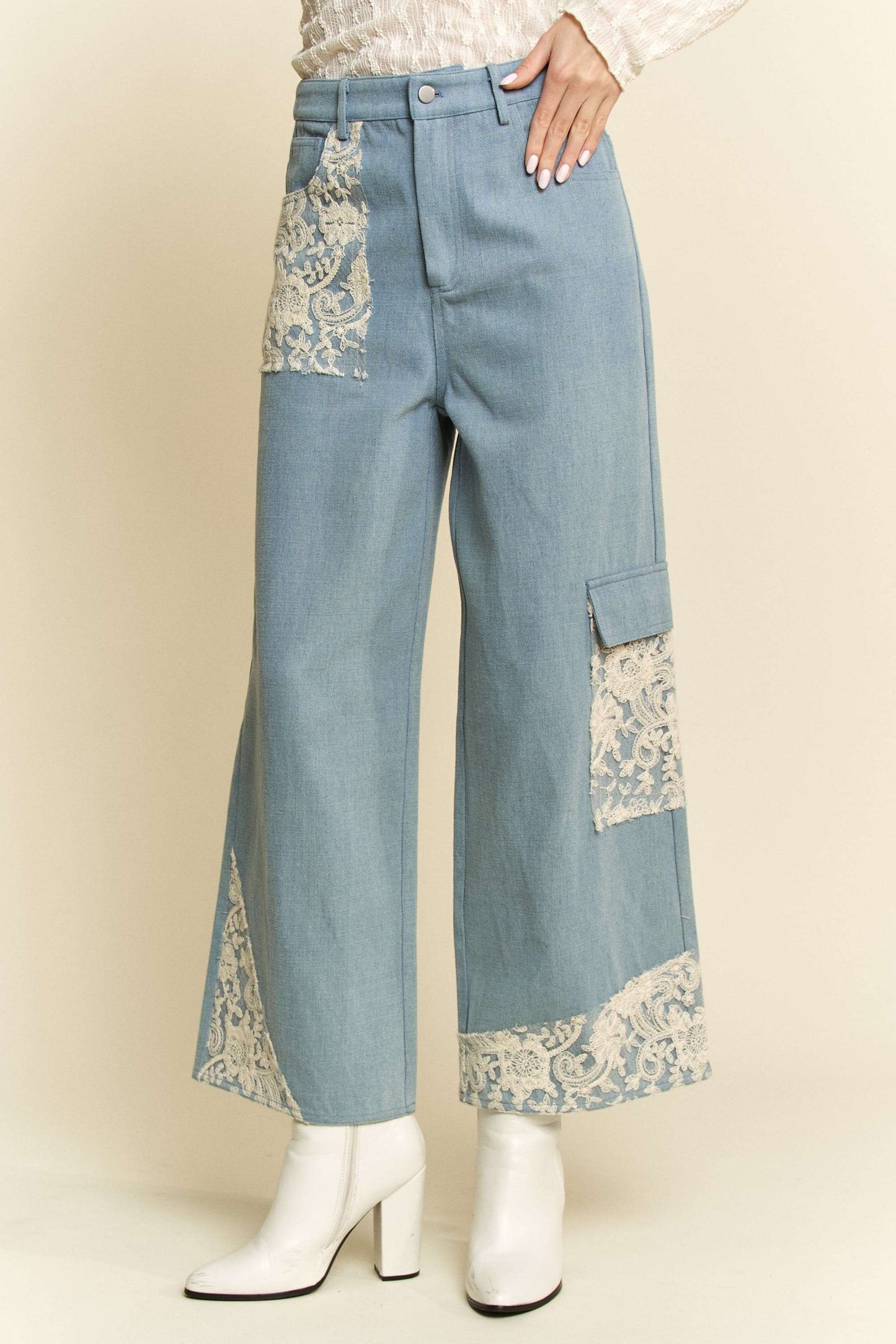 Davi & Dani Lace Applique Wide Leg Jeans