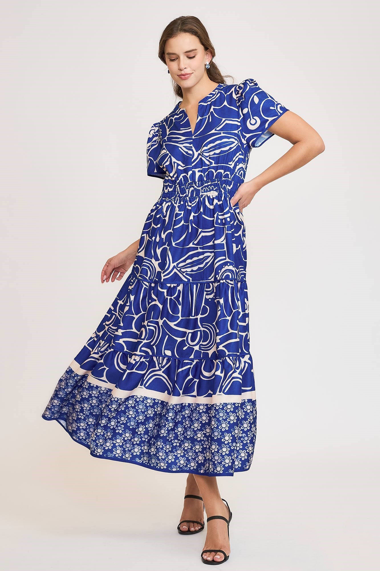 Printed Notched Short Sleeve Tiered Dress Plus Size