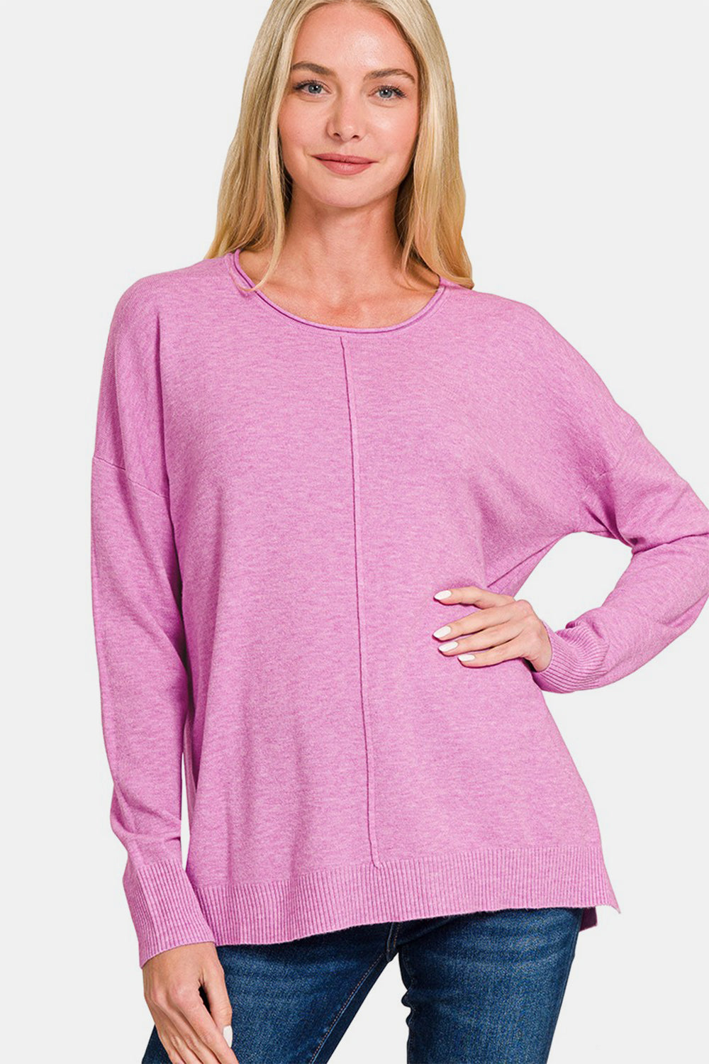 Zenana Front Seam Round Neck Sweater